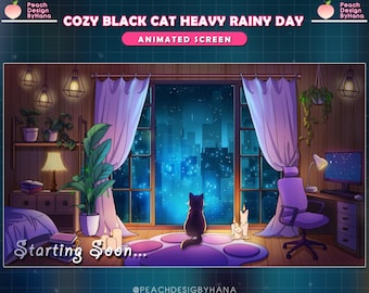 Cute Cat Animated Stream Screen | Starting Soon, Be Right Back, Chatting, Offline, Ending | Kitty Twitch Pack Heavy Rainy Game Room