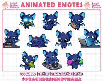 May include: A collection of animated emotes featuring cartoon bats in various poses. The bats are primarily dark blue with light blue accents. Some bats hold objects like a laptop, money, and a DJ mixer. Text on the image reads "ANIMATED EMOTES".