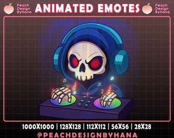 Puede incluir: Emoticono animado de un esqueleto con una sudadera con capucha azul y auriculares, tocando un mezclador de DJ con luces brillantes y notas musicales. El texto "ANIMATED EMOTES" está en la parte superior de la imagen. El texto "1000X1000 | 128X128 | 112X112 | 56X56 | 28X28" y "@PEACHDESIGNBYHANA" están en la parte inferior de la imagen.