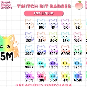 May include: A set of 20 Twitch bit badges featuring a cartoon fox with a rainbow gradient. The badges are numbered from 1 to 5 million in increments of 100, 1,000, 2,000, 5,000, 10,000, 20,000, 25,000, 50,000, 75,000, 100,000, 200,000, 300,000, 400,000, 500,000, 600,000, 700,000, 800,000, 900,000, 1 million, 1.25 million, 1.5 million, 1.75 million, 2 million, 2.5 million, 3 million, 3.5 million, 4 million, 4.5 million, and 5 million.
