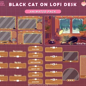 Animated Twitch Overlay Black Cat On Lofi Desk - Winter Stream Screen with Cat, Christmas Lights, Snow, Sleepy Cat