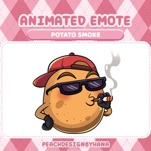 Peut inclure: Emote animé représentant une pomme de terre portant une casquette rouge et des lunettes de soleil, fumant un cigare. Le texte "POTATO SMOKE" est affiché au-dessus de la pomme de terre. Le fond est rose avec un motif de losanges.