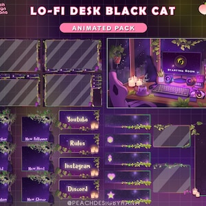 Cat Stream Animation Overlay - Kitty Twitch Pack Cute Dark Game Room -  Animated Full Streaming Package | Cozy Purple Package Twitch Overlay
