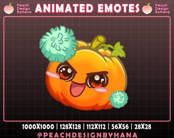 以下が含まれることがあります： 笑顔のオレンジ色のカボチャのアニメーション絵文字。頬はピンク色で、ターコイズブルーのアクセントが付いています。「ANIMATED EMOTES」の文字とクリエイター名「Peach Design ByHana」が含まれています。