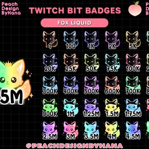 May include: A set of 18 colorful Twitch bit badges featuring a fox with a crown. The badges are in various colors and show the number of bits required to earn each badge, ranging from 1 to 5 million.