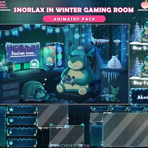 Peut inclure: Un overlay de salle de jeu animé avec un personnage Snorlax dans un cadre hivernal. La scène comprend une configuration informatique, une chaise confortable et des décorations d'hiver. Le texte "SNORLAX IN WINTER GAMING ROOM" et "ANIMATED PACK" sont affichés.