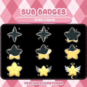 May include: A collection of nine star-shaped digital badges with a black and yellow color scheme. The badges are labeled "SUB BADGES" and "STAR LIQUID". The artist's name, "PEACHDESIGNBYHANA", is also visible.