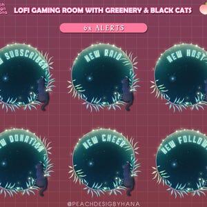 Animated Twitch Alerts Vine Leaves & Black Cat, Animated Stream Alerts, Lofi Twitch Overlay for Streamer, Vtuber