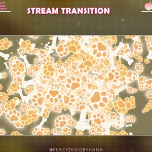 Peut inclure: Graphique numérique avec un fond quadrillé présentant une conception de transition de flux. La conception comprend des empreintes de pattes orange incandescentes et des formes d'os blancs. Le texte "STREAM TRANSITION" est affiché en haut.