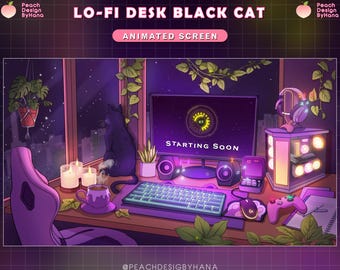 5xPurple Gaming Room Animated Stream Screen | Starting Soon, Be Right Back, Chatting, Offline, Ending| Black Cat Twitch Overlay