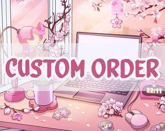 May include: A pink desk scene with a laptop, mug, and mouse, all in shades of pink. Cherry blossom branches and petals decorate the scene. The text "CUSTOM ORDER" is prominently displayed. A pink lamp and clock are also visible.