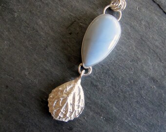 Necklace of Owyhee Blue Opal and Cast Sage Leaf in Sterling Silver