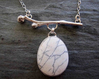 Pendant of White Buffalo Turquoise and Cast blueberry Twig in Sterling Silver