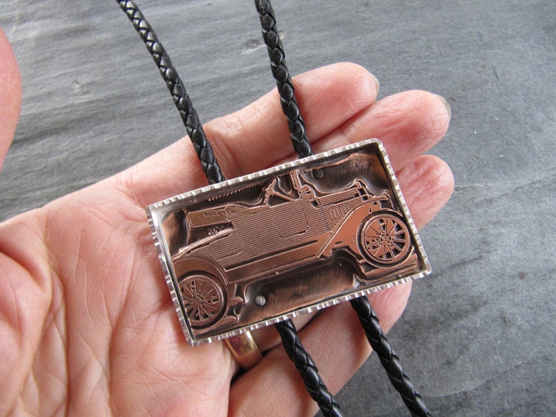 Vintage Letterpress Motorcar Bolo Tie in Sterling Silver