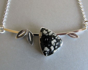 Necklace of Snowflake Obsidian and Sterling Silver with Leaves