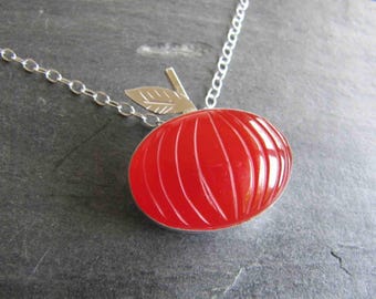 Carved Carnelian Pumpkin Necklace in Sterling Silver