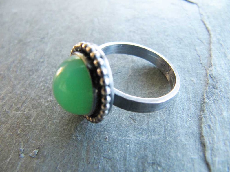 Chrysoprase Ring in Sterling Silver with Bead Wire Trim and Oxidized Finish