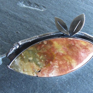 Brooch of Rocky Butte Jasper and Cast Dogwood Twig in Sterling Silver