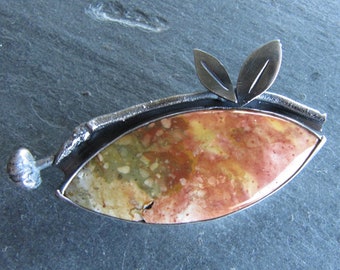 Brooch of Rocky Butte Jasper and Cast Dogwood Twig in Sterling Silver