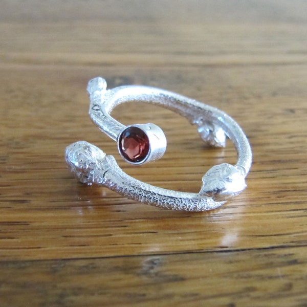 Blueberry Twig and Garnet Ring in Sterling Silver
