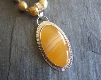 Yellow Lace Agate Sterling Silver Pendant Necklace with Hand-Knotted Pearls