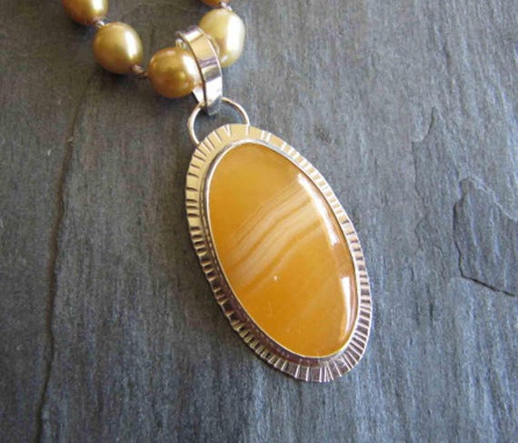 Yellow Lace Agate Sterling Silver Pendant Necklace with Hand-Knotted Pearls