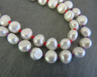 White Pearl Necklaces Hand Knotted on Red or Purple Silk