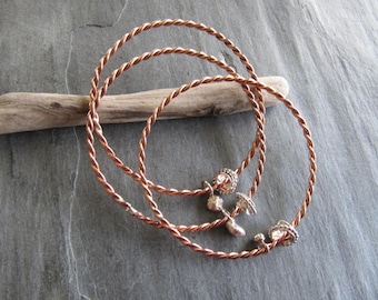 Copper Bangle Bracelets with Silver Embellishments