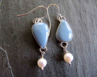 Earrings of Blue Opals, White Pearls, and Sterling Silver