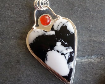 Heart Pendant with White Buffalo Turquoise, Carnelian, And Sterling Silver