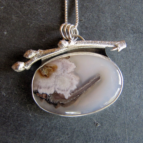 Pendant of Turkish Agate and Cast Blueberry Twig in Sterling Silver