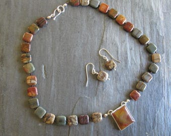 Jasper Beaded Necklace with Petrified Wood and Matching Earrings