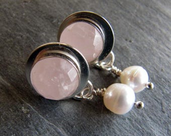 Earrings of Rose Quartz, Pearls, and  Sterling Silver