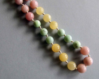 Tri-color Necklace  of Pink Opal, Yellow Jade, and Chrysoprase Hand knotted on Silk