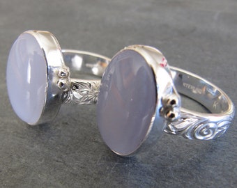 Blue Chaldedony Rings in Sterling Silver with Floral Bands