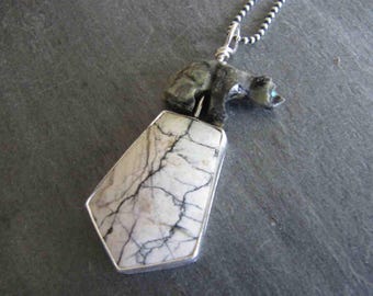 White Buffalo Turquoise Pendant with Navajo Carved Bear in Sterling Silver