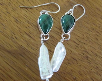 Malachite, Pearl, and Sterling Silver Earrings