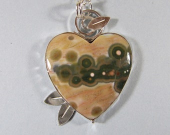 Heart Shaped Pendant of Ocean Jasper and Sterling Silver