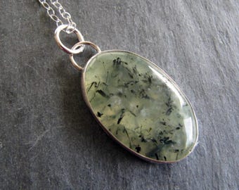 Pendant of Prehnite and Sterling Silver with Flower Cut out