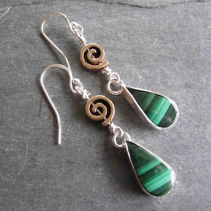 Dangle Earrings of Malachite Silver, and Brass