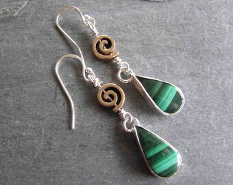 Boucles D’oreilles Anciennes SERPENT – Malachite Verte Et Argent Massif – Occasion