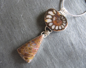 Pendant of Ammonite and Fossil Larva in Sterling Silver