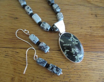 Jasper Necklace and Earrings with Chinese Writing Stone in string Silver