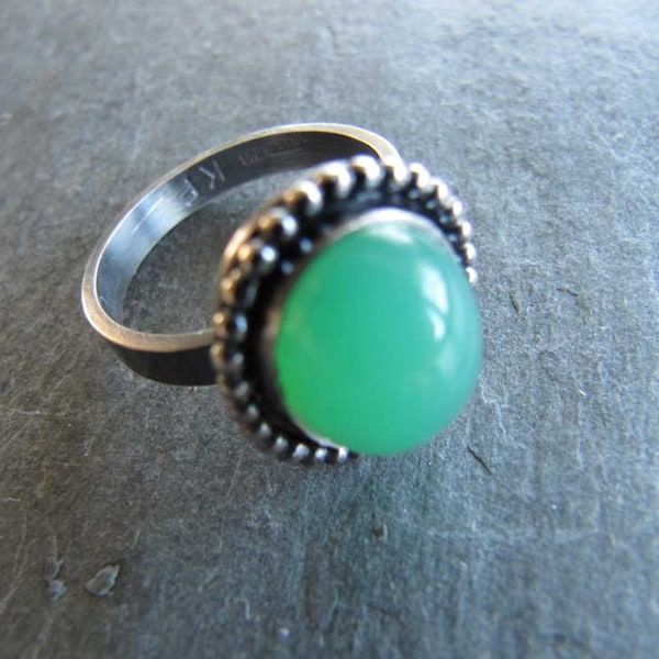Chrysoprase Ring in Sterling Silver with Bead Wire Trim and Oxidized Finish