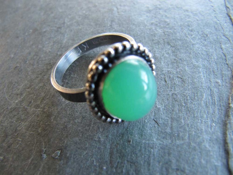 Chrysoprase Ring in Sterling Silver with Bead Wire Trim and Oxidized Finish image 1