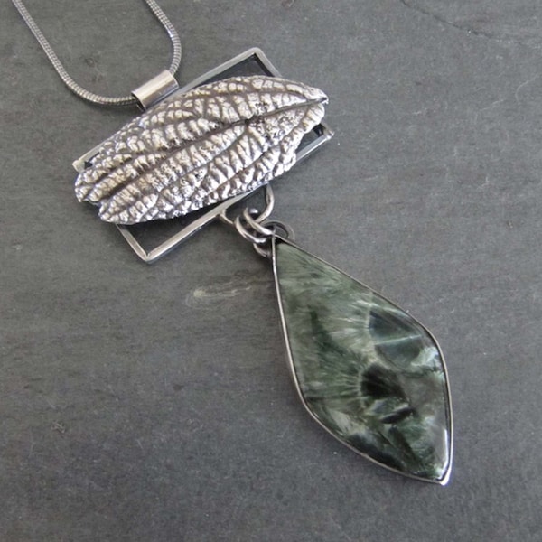 Pendant of Stunning Russian Seraphinite and Cast Viburnum Leaf in Oxidized Sterling Silver