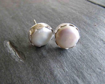 Coin Pearl Earrings in Scalloped Silver Settings