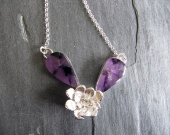 Handmade Necklace of Amethyst and Cast Sedum in Sterling Silver