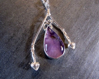 Handmade Pendant of Amethyst and Cast Dogwood Twigs in Sterling silver