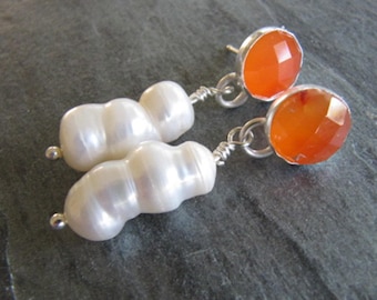 Earrings of Carnelian and Baroque Pearls